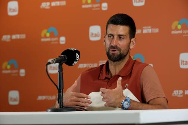 March 20, 2025, Miami Gardens, Florida, United States Of America: MIAMI GARDENS, FLORIDA - MARCH 20: Novak Djokovic (SRB) talks to the media on Day 3 of the Miami Open at Hard Rock Stadium on March 20, 2025 in Miami Gardens, Florida ...People: Novak Djokovic Miami Open 2025 - Day 3  - ZUMAs214 20250320_ada_s214_098 Copyright: xSMGx