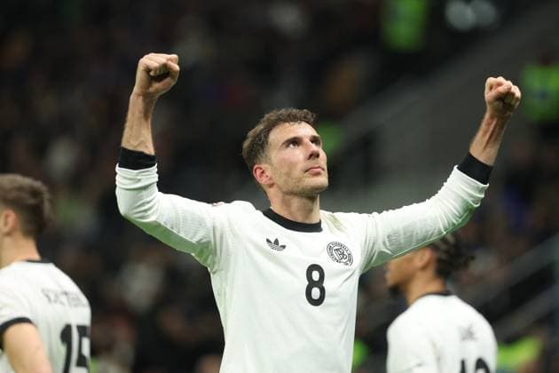 CALCIO - UEFA Nations League - Quarter Finals - Italy vs Germany Milan, Italy 20.03.2025: Leon Goretzka of Germany score the goal and celebrate with team during the Uefa Nations League 2025, quarter finals, football match between Italy vs Germany at Giuseppe Meazza stadium in Milan. Milan Italy  Copyright: xIPAxSport ABACAx