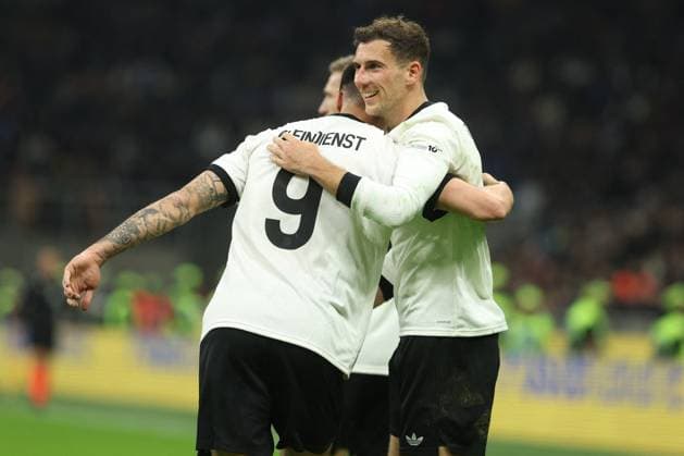 CALCIO - UEFA Nations League - Quarter Finals - Italy vs Germany Milan, Italy 20.03.2025: Leon Goretzka of Germany score the goal and celebrate with Tim Kleindienst of Germany during the Uefa Nations League 2025, quarter finals, football match between Italy vs Germany at Giuseppe Meazza stadium in Milan. Milan Italy  Copyright: xIPAxSport ABACAx