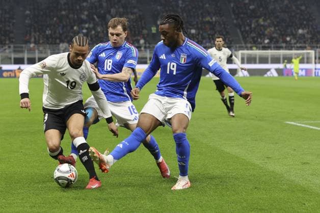CALCIO - UEFA Nations League - Quarter Finals - Italy vs Germany Leroy Sane of Germany battle for the ball with Nicolo Barella of Italy and Destiny Udogie of Italy during Italy vs Germany, Quarter-finals, 1st leg of Uefa Nations League 2025, game at Giuseppe Meazza - San Siro stadium in Milano (MI), Italy, on March 20, 2025. Milan Italy  Copyright: xIPAxSport ABACAx