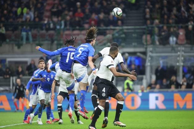 CALCIO - UEFA Nations League - Quarter Finals - Italy vs Germany Riccardo Calafiori of Italy during the UEFA Nations League, Quarter-finals, 1st leg, football match between the national team, Nationalteam of Italy and the national team of Germany, on 20 March 2025, at Giuseppe Meazza stadium, San Siro, Milan, Italy. Photo Nderim Kaceli Milan Italy  Copyright: xIPAxSport ABACAx