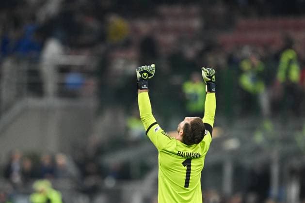 CALCIO - UEFA Nations League - Quarter Finals - Italy vs Germany Oliver Baumann of Germany react after the victory the UEFA NATIONS LEAGUE 2025 match between Italy and Germany, round of quarter finals first leg match, on 20 of March 2025 at Giuseppe Meazza San Siro Siro stadium in Milan, Italy. Photo Tiziano Ballabio Milan Italy  Copyright: xIPAxSport ABACAx