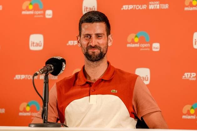 March 20, 2025, Miami, Florida, USA: Novak Djokovic (SRB) speaks to the media before his mens singles match at the 2025 Miami Open presented by Itau at Hard Rock Stadium. Miami USA - ZUMAw109 20250320_fap_w109_037 Copyright: xDebbyxWongx