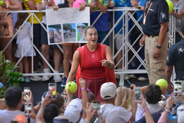 MIAMI GARDENS, FLORIDA - MARCH 20: Aryna Sabalenka sign autograph for fans after her wins against Viktoriya Tomova (BUL) during the 2025 Miami Open Day5 presented by Itaú at Hard Rock Stadium on March 20, 2025 in Miami Gardens, Florida. Copyright: xmpi10x
