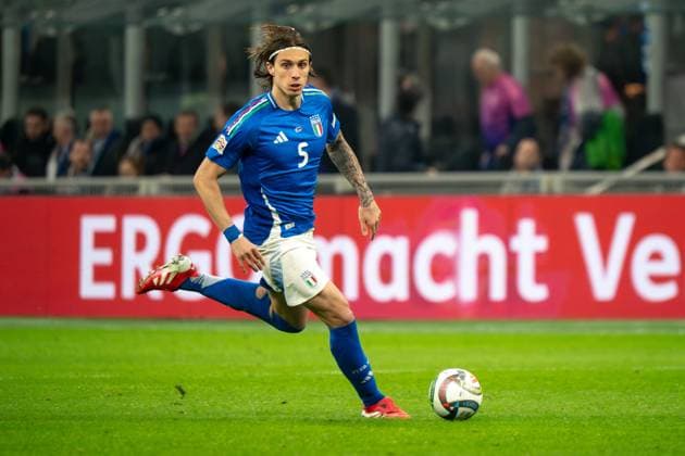 Italy v Germany - UEFA Nations League Quarterfinal Leg One Riccardo Calafiori (Italy) participates in the UEFA Nations League, Quarter-finals, 1st leg football match between Italy and Germany at Giuseppe Meazza stadium in Milan, Italy, on March 20, 2025. Milan Italy Italy  Copyright: xLucaxRossinix originalFilename:rossini-italyvge250320_np2AF.jpg