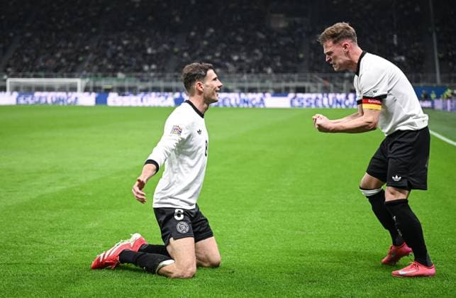 FOOTBALL UEFA Nations League 2024 2025 Quarter-final first leg in Milan Italy Germany 20 03 2025 CHEERS Germany Goal scorers for 1 2 Leon Goretzka left and Joshua Kimmich right