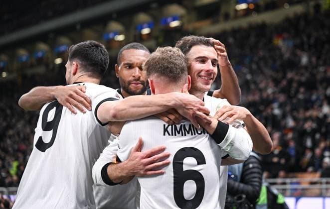 FOOTBALL UEFA Nations League 2024 2025 quarter-final first leg in Milan Italy Germany 20 03 2025 CELEBRATION Germany Tim Kleindienst, Jonathan Tah, Joshua Kimmich embrace goal scorer to 1 2 Leon Goretzka from left