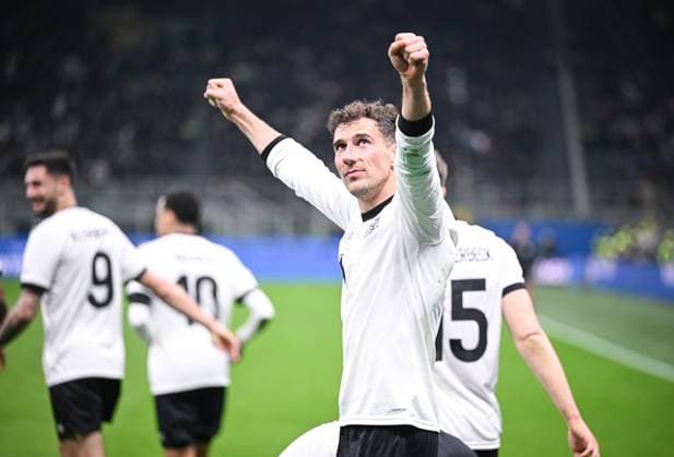 FOOTBALL UEFA Nations League 2024 2025 Quarter-final first leg in Milan Italy Germany 20 03 2025 CHEERS Germany Goalscorer for 1 2 Leon Goretzka