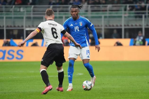 Iyenoma Udogie Italy, Italy, Italia, 19 vs Joshua Kimmich Germany Germany, 6 Milan 20 03 2025 Italy vs Germany, Nations League quarter-final first leg, San Siro