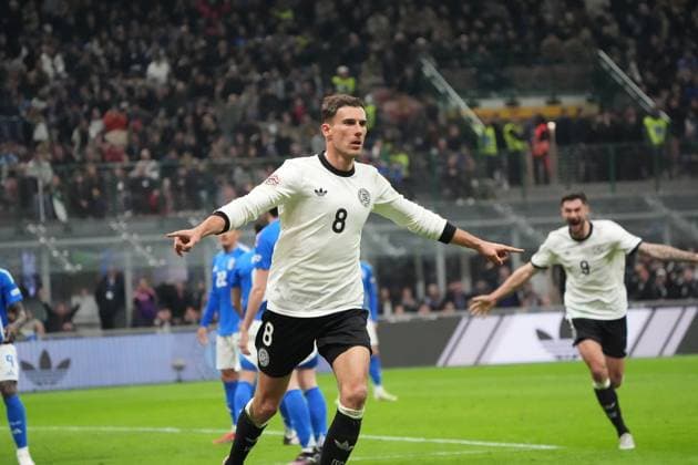 celebrate the goal, goal celebration for 1 2 Leon Goretzka Germany Germany, 8 Milan 20 03 2025 Italy vs Germany, Nations League quarter-final first leg, San Siro