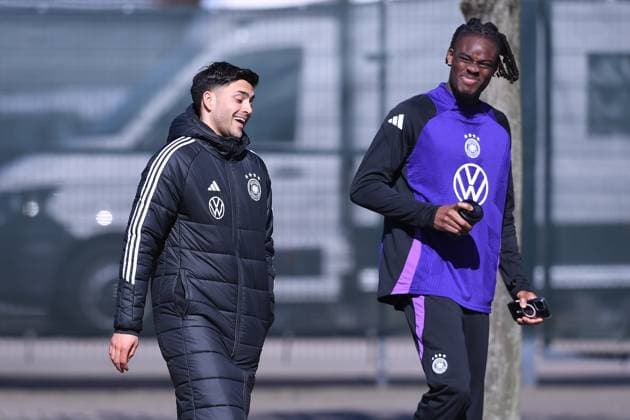 Soccer training national team on 18 03 2025 at the training ground Hohenbuschei in Dortrmund Nadiem Amiri Germany , left Yann Aurel Bisseck Germany , right DFB regulations prohibit any use of photographs as image sequences and or quasi video xRx