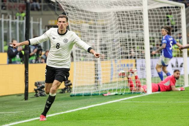 March 20, 2025, Milan, Italy: Leon Goretzka of Germany celebrates after scoring a goal during the Italian Serie A soccer match between Italy vs Germany at San Siro Stadium . Final score; Italy 1:2 Germany Milan Italy - ZUMAs197 20250320_aaa_s197_239 Copyright: xEmanuelexPennacchiox
