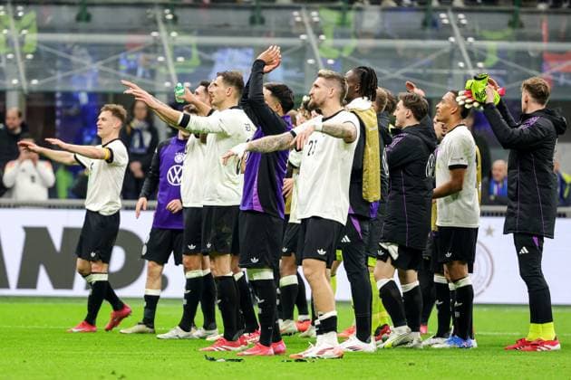 March 20, 2025, Milan, Italy: Germany players celebrate their victory at the end of the match during the Italian Serie A soccer match between Italy vs Germany at San Siro Stadium . Final score; Italy 1:2 Germany Milan Italy - ZUMAs197 20250320_aaa_s197_243 Copyright: xEmanuelexPennacchiox