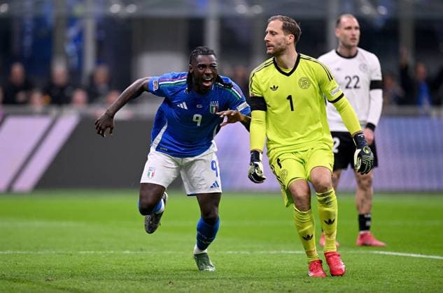 FOOTBALL UEFA Nations League 2024 2025 Quarter-final first leg in Milan Italy Germany 20 03 2025 Italy celebrating after the 1-0 goal, Moise Kean left, Italy next to goalkeeper Oliver Baumann right, Germany