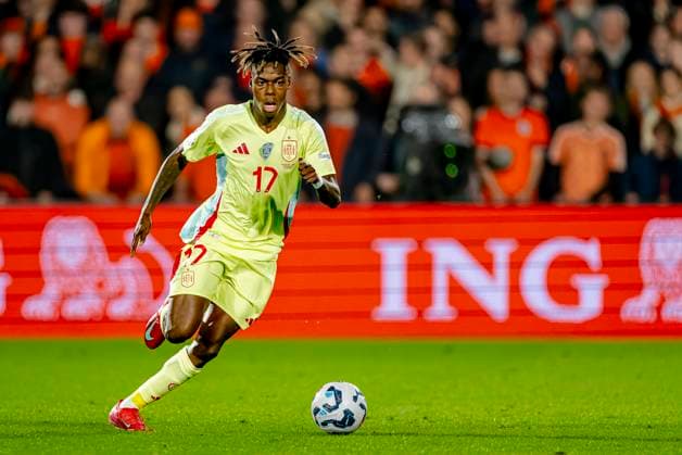 Spain midfielder Nico Williams during the match Netherlands Spain at the Stadium Feijenoord De Kuip for the UEFA Nations League Quarter finals 1st leg season 2024 2025 in ROTTERDAM, Netherlands on 20 march 2025, photo by Marcel van Dorst EYE4images DeFodi Images