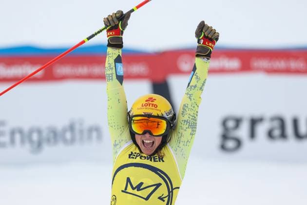 Sport Themen der Woche KW12 Sport Bilder des Tages FREE STYLE, SNOWBOARD - FIS SX and SB WC Engadin 2025 SANKT MORITZ,SWITZERLAND,21.MAR.25 - FREESTYLE SKIING - FIS Freestyle Ski and Snowboard World Championships, Ski Cross, ladies, men. Image shows the rejoicing of Daniela Maier (GER).  GEPAxpictures xMaticxKlansek