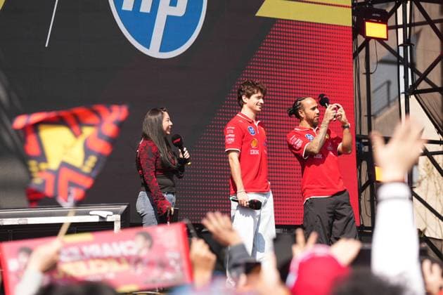 SHANGHAI, CHINA - MARCH 21: Ferrari s driver Lewis Hamilton (R1) and Ferrari s driver Charles Leclerc (C) attend a fan meeting ahead of the Formula One Chinese Grand Prix at the Shanghai International Circuit on March 21, 2025 in Shanghai, China.  Copyright: xChinaxNewsxServicex 111556345969