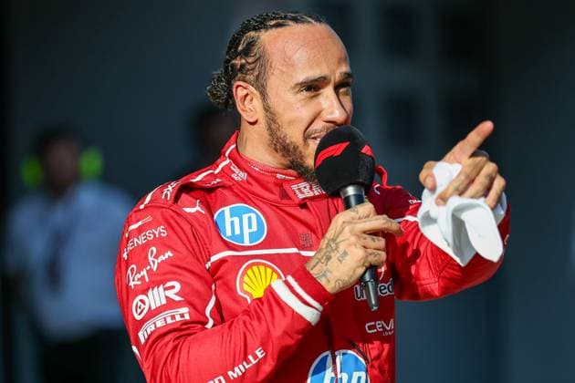 SHANGHAI, CHINA- MARCH 21: Lewis Hamilton of Great Britain and Scuderia Ferrari celebrates his sprint pole during Sprint Qualifying ahead of the F1 Grand Prix of CHINA at Shanghai International Circuit on March 21, 2025 in Shanghai, China.(Photo by QIan Jun Paddocker) F1 Grand Prix of China: Practice