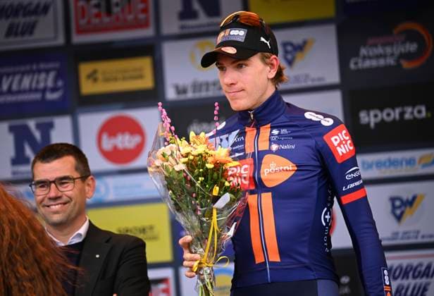 Bredene Koksijde Classic 2025 cycling race KOKSIJDE, BELGIUM - MARCH 21 : Eekhoff Nils (NED) of Team Picnic PostNL pictured during the podium ceremony of the Men Elite UCI 1.Pro 23rd Bredene Koksijde Classic cycling race with start in Bredene and finish in Koksijde (201 km) on March 21, 2025 in Koksijde, Belgium, 21 03 2025 ( Motordriver Stephan Boone & Koksijde Belgium  Copyright: xTomasxSiskx