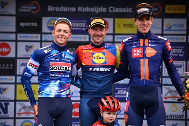 Bredene Koksijde Classic 2025 cycling race KOKSIJDE, BELGIUM - MARCH 21 : Lamperti Luke (USA) of Soudal Quick-Step, Theuns Edward (BEL) of Lidl - Trek and Eekhoff Nils (NED) of Team Picnic PostNL pictured during the podium ceremony of the Men Elite UCI 1.Pro 23rd Bredene Koksijde Classic cycling race with start in Bredene and finish in Koksijde (201 km) on March 21, 2025 in Koksijde, Belgium, 21 03 2025 ( Motordriver Stephan Boone & Koksijde Belgium  Copyright: xTomasxSiskx