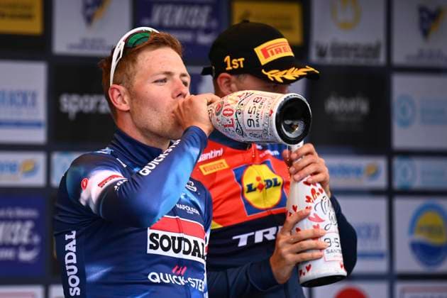 Bredene Koksijde Classic 2025 cycling race KOKSIJDE, BELGIUM - MARCH 21 : Lamperti Luke (USA) of Soudal Quick-Step and Theuns Edward (BEL) of Lidl - Trek pictured during the podium ceremony of the Men Elite UCI 1.Pro 23rd Bredene Koksijde Classic cycling race with start in Bredene and finish in Koksijde (201 km) on March 21, 2025 in Koksijde, Belgium, 21 03 2025 ( Motordriver Stephan Boone & Koksijde Belgium  Copyright: xTomasxSiskx