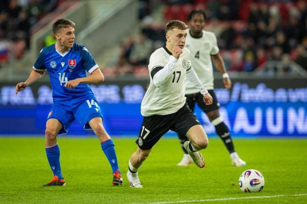 SLOVAKIA U21, U 21 - GERMANY U21 Mario Sauer of Slovakia and Brajan Gruda of Germany during the friendly international football match ahead of 2025 UEFA European Under-21 Championship between Slovakia U21 and Germany U21. Trnava, Slovakia, March 21, 2025. Photo by Branislav Racko Copyright: xx 080A4098