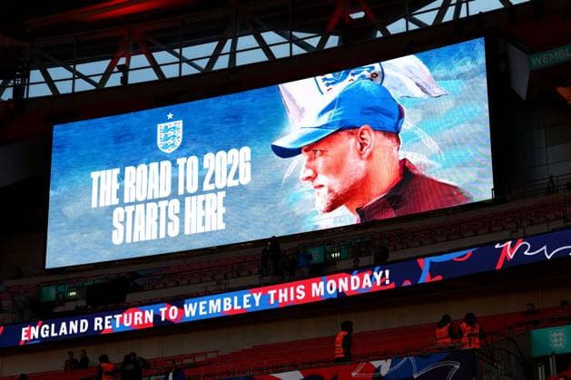 England Manager Thomas Tuchel seen on the big screens. England v Albania, FIFA 2026 World Cup Qualifying, Group K, Football, Wembley Stadium, London, UK - 21 Mar 2025 EDITORIAL USE ONLY No use with unauthorised audio, video, data, fixture lists, club league logos or live services. Online in-match use limited to 120 images, no video emulation. No use in betting, games or single club league player publications. Copyright: xJamesxMarsh Shutterstockx 15213679h