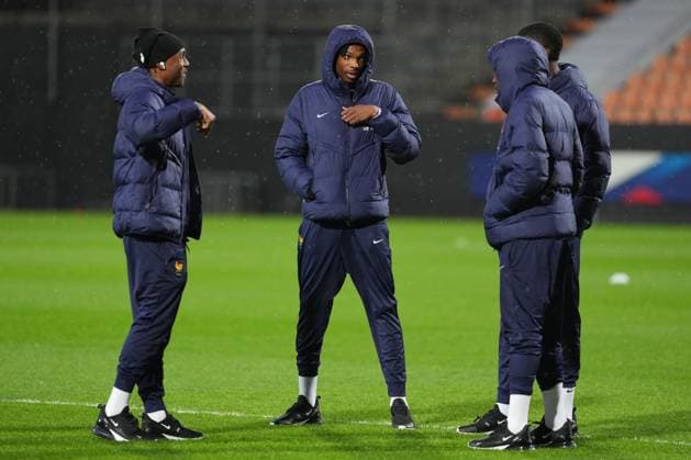 Members of the France squad take a stroll on the pitch before the match France U21, U 21 v England U21, International Friendly, Länderspiel, Nationalmannschaft Football, Stade du Moustoir, Lorient, France - 21 Mar 2025 EDITORIAL USE ONLY No use with unauthorised audio, video, data, fixture lists, club league logos or live services. Online in-match use limited to 120 images, no video emulation. No use in betting, games or single club league player publications. Copyright: xDavexWinter Shutterstockx 15215626e