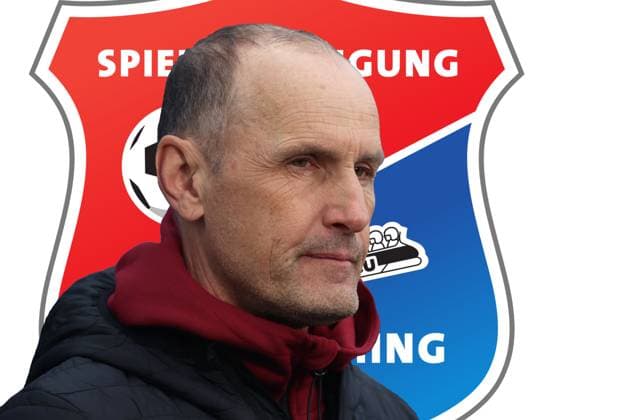 ATTENTION MONTAGE Here in the picture Heiko Herrlich, coach SpVgg Unterhaching who was fired, dismissed by SpVgg Unterhaching according to media reports, coach bang, in the background the logo