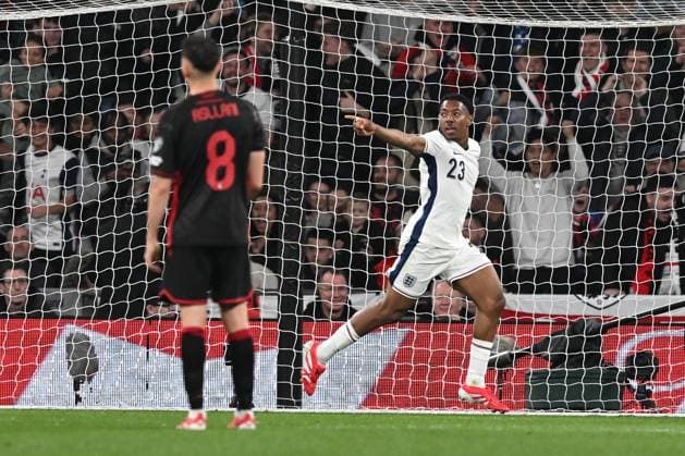 England v Albania 2026 FIFA World Cup, WM, Weltmeisterschaft, Fussball Qualifier 21 03 2025. Goal 1-0 - Myles Lewis-Skelly (23) of England celebrates scoring the opening goal during the 2026 FIFA World Cup Qualifier match between England and Albania at Wembley Stadium, London, England on 21 March 2025. London Wembley Stadium Greater London England Editorial use only , Copyright: xGrahamxHuntx PSI-21662-0072