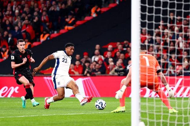 Myles Lewis-Skelly of England scores a goal to make the score 1-0. England v Albania, FIFA 2026 World Cup Qualifying, Group K, Football, Wembley Stadium, London, UK - 21 Mar 2025 EDITORIAL USE ONLY No use with unauthorised audio, video, data, fixture lists, club league logos or live services. Online in-match use limited to 120 images, no video emulation. No use in betting, games or single club league player publications. Copyright: xJamesxMarsh Shutterstockx 15213679az