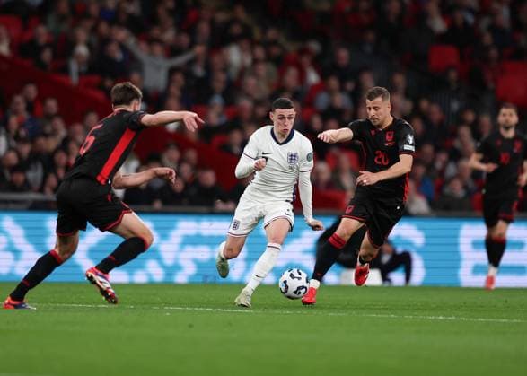 21st March 2025; Wembley Stadium, London, England; FIFA World Cup, WM, Weltmeisterschaft, Fussball Qualifying Group K International Football, England versus Albania; Phil Foden of England closely marked by Ylber Ramadani of Albania  ActionPlus12763883 JohnxPatrickxFletcher