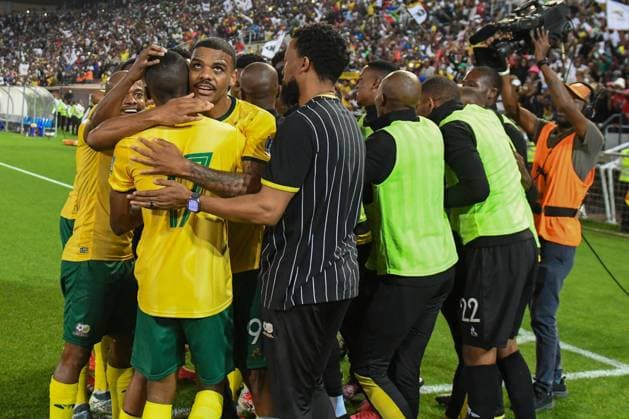 POLOKWANE, SOUTH AFRICA - MARCH 21: South Africa celebration during the Men FIFA World Cup, WM, Weltmeisterschaft, Fussball qualifiers between South Afria and Lesotho at Peter Mokaba Stadium on March 21, 2025 in South Africa. Photo caption must read: Phillip Maeta Copyright: xx
