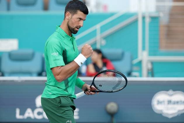 March 21, 2025, Miami Gardens, Florida, United States Of America: MIAMI GARDENS, FLORIDA - MARCH 21: Novak Djokovic of Serbia defeats Rinky Hijikata of Australia during Day 4 of the Miami Open at Hard Rock Stadium on March 21, 2025 in Miami Gardens, Florida. ...People: Novak Djokovic Miami Open 2025 - Day 4  - ZUMAs214 20250321_ada_s214_003 Copyright: xSMGx