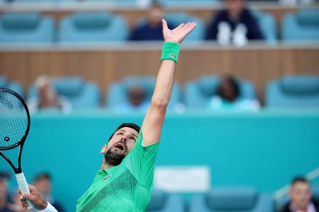 March 21, 2025, Miami Gardens, Florida, United States Of America: MIAMI GARDENS, FLORIDA - MARCH 21: Novak Djokovic of Serbia defeats Rinky Hijikata of Australia during Day 4 of the Miami Open at Hard Rock Stadium on March 21, 2025 in Miami Gardens, Florida. ...People: Novak Djokovic Miami Open 2025 - Day 4  - ZUMAs214 20250321_ada_s214_006 Copyright: xSMGx