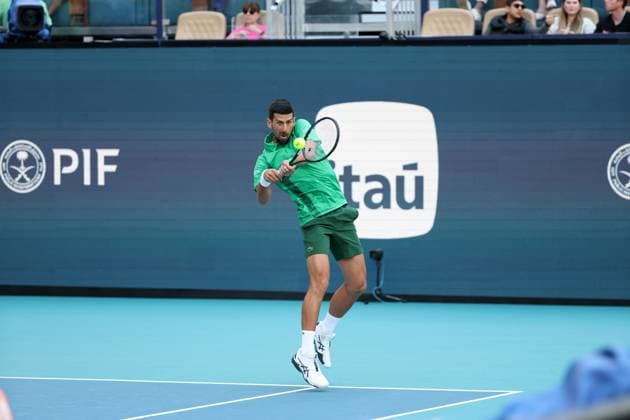 March 21, 2025, Miami Gardens, Florida, United States Of America: MIAMI GARDENS, FLORIDA - MARCH 21: Novak Djokovic of Serbia defeats Rinky Hijikata of Australia during Day 4 of the Miami Open at Hard Rock Stadium on March 21, 2025 in Miami Gardens, Florida. ...People: Novak Djokovic Miami Gardens United States Of America - ZUMAs214 20250321_ada_s214_043 Copyright: xSMGx