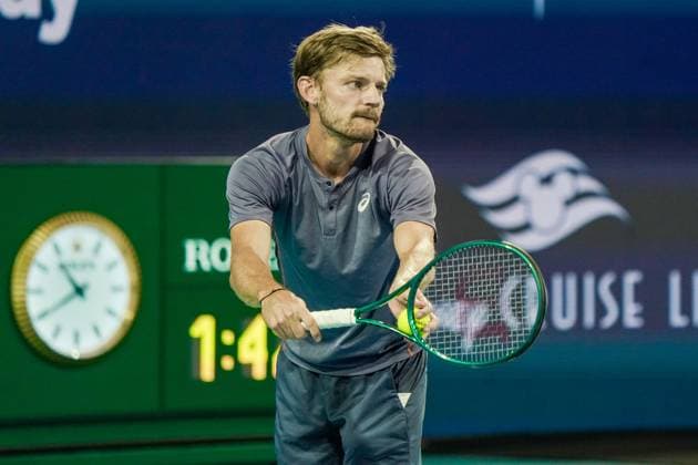 March 21, 2025, Miami, Florida, USA: David Goffin (BEL) serves to Carlos Alcaraz (not pictured) during the mens singles second round at the 2025 Miami Open presented by Itau at Hard Rock Stadium. Miami USA - ZUMAw109 20250321_fap_w109_004 Copyright: xDebbyxWongx