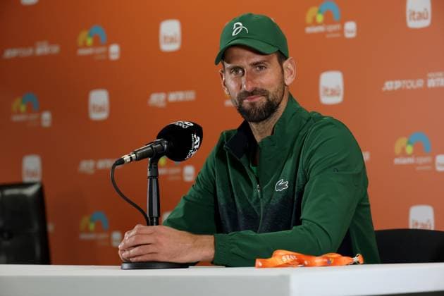 March 21, 2025, Miami Gardens, Florida, United States Of America: MIAMI GARDENS, FL - MARCH 21: Novak Djokovic (SRB) speaks to the media after his game against Rinky Hijikata (AUS) at the Miami Open on March 21, 2025, at Hard Rock Stadium in Miami Gardens, Florida, ...People: Novak Djokovic Miami Gardens United States Of America - ZUMAs214 20250321_ada_s214_150 Copyright: xSMGx