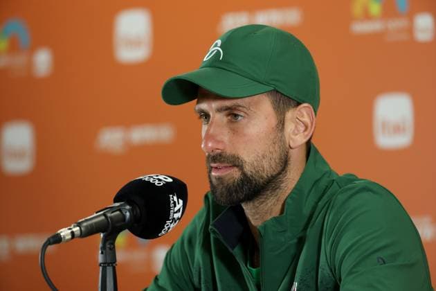 March 21, 2025, Miami Gardens, Florida, United States Of America: MIAMI GARDENS, FL - MARCH 21: Novak Djokovic (SRB) speaks to the media after his game against Rinky Hijikata (AUS) at the Miami Open on March 21, 2025, at Hard Rock Stadium in Miami Gardens, Florida, ...People: Novak Djokovic Miami Open 2025 - Day 4  - ZUMAs214 20250321_ada_s214_139 Copyright: xSMGx