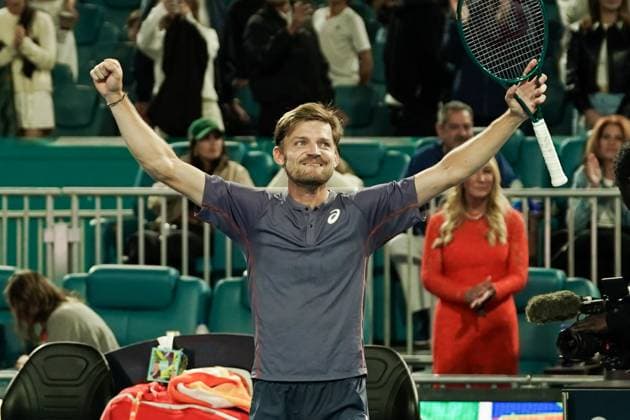 March 21, 2025, Miami, Florida, USA: David Goffin (BEL) reacts after winning the mens singles second round against Carlos Alcaraz (not pictured) at the 2025 Miami Open presented by Itau at Hard Rock Stadium. Miami USA - ZUMAw109 20250321_fap_w109_014 Copyright: xDebbyxWongx