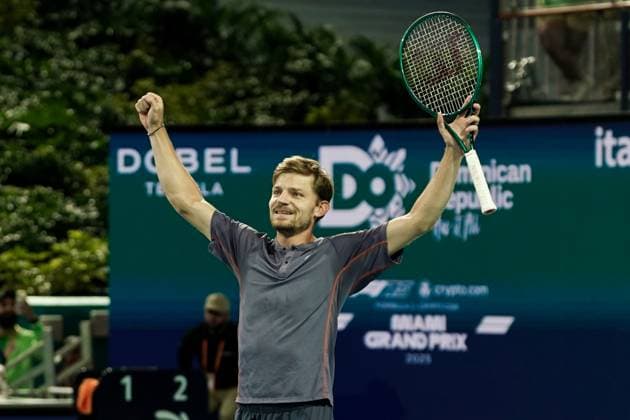 March 21, 2025, Miami, Florida, USA: David Goffin (BEL) reacts after winning the mens singles second round against Carlos Alcaraz (not pictured) at the 2025 Miami Open presented by Itau at Hard Rock Stadium. Miami USA - ZUMAw109 20250321_fap_w109_016 Copyright: xDebbyxWongx