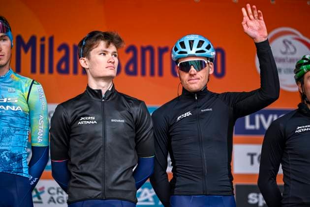 2025 Milan - Sanremo UCI WorldTour cycling race SANREMO, ITALY - MARCH 22 : Teunissen Mike (NED) of XDS Astana Team and Vinokurov Nicolas (KAZ) of XDS Astana Team on stage before the start of the race during the UCI WorldTour 116th Milan - Sanremo cycling race with start in Pavia and finish at the Via Roma in Sanremo on March 22, 2025 in Sanremo, Italy, 22 03 2025 ( Motordriver Kenny Verfaillie - Sanremo Italy  Copyright: xNicoxVereeckenx