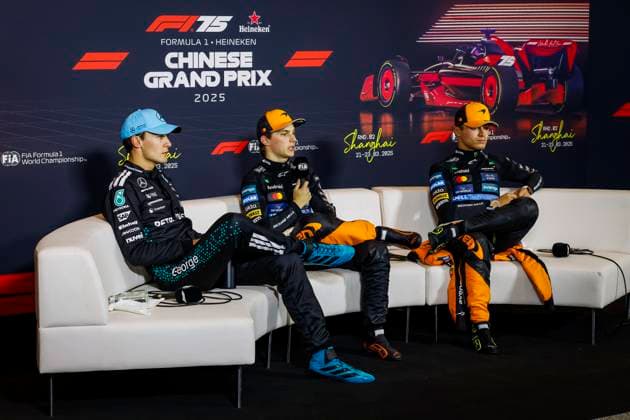 F1 - CHINESE GRAND PRIX 2025 PIASTRI Oscar (aus), McLaren F1 Team MCL39, RUSSELL George (gbr), Mercedes AMG F1 Team W16, NORRIS Lando (gbr), McLaren F1 Team MCL39, portrait, press conference, PK, Pressekonferenz during the Formula 1 Heineken Chinese Grand Prix 2025, 2nd round of the 2025 FIA Formula One World Championship, WM, Weltmeisterschaft from March 21 to 23, 2025 on the Shanghai International Circuit, in Shanghai, China - ShanghaiChina Copyright: xJavierxJimenezx
