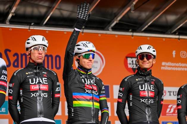 2025 Milan - Sanremo UCI WorldTour cycling race SANREMO, ITALY - MARCH 22 : Pogacar Tadej (SLO) of UAE Team Emirates - XRG on stage before the start of the race during the UCI WorldTour 116th Milan - Sanremo cycling race with start in Pavia and finish at the Via Roma in Sanremo on March 22, 2025 in Sanremo, Italy, 22 03 2025 ( Motordriver Kenny Verfaillie - Sanremo Italy  Copyright: xNicoxVereeckenx