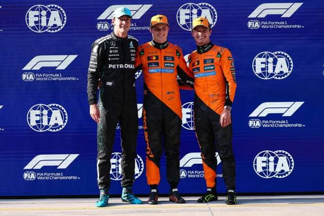 F1 - CHINESE GRAND PRIX 2025 RUSSELL George (gbr), Mercedes AMG F1 Team W16, portrait, PIASTRI Oscar (aus), McLaren F1 Team MCL39, portrait and NORRIS Lando (gbr), McLaren F1 Team MCL39, portrait during the Formula 1 Heineken Chinese Grand Prix 2025, 2nd round of the 2025 FIA Formula One World Championship, WM, Weltmeisterschaft from March 21 to 23, 2025 on the Shanghai International Circuit, in Shanghai, China - ShanghaiChina Copyright: xEricxAlonsox