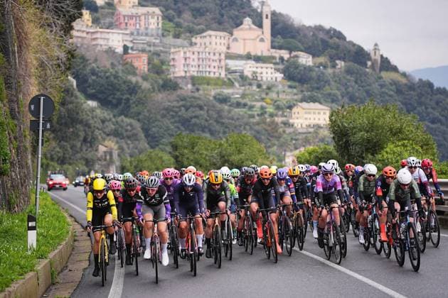 The pack rides cycles during the women™s elite race of the Sanremo Women, one day cycling race from Genova to Sanremo in 156km - North Italy- Saturday, March 22, 2025. - cycling .  Copyright: xMarcoxAlpozzi LaPressex