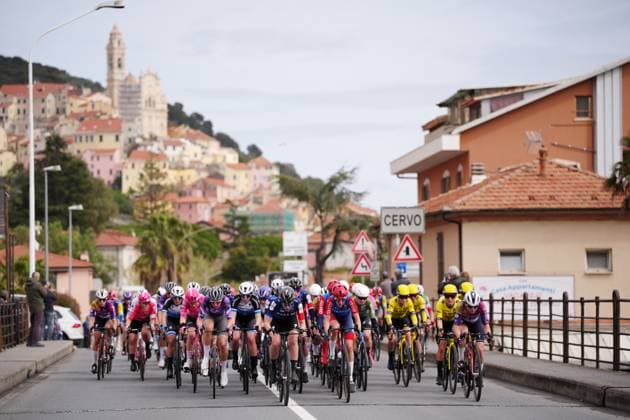 The pack rides cycles during the women™s elite race of the Sanremo Women, one day cycling race from Genova to Sanremo in 156km - North Italy- Saturday, March 22, 2025. - cycling .  Copyright: xMarcoxAlpozzi LaPressex