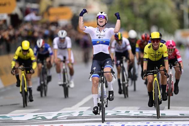 Dutch Lorena Wiebes of SD Worx-Protime (C) celebrates as she crosses the finish line, before Dutch Marianne Vos of Team Visma-Lease a Bike (R) the sprint at the finish of the Milano-Sanremo Donne one day cycling race for women, 156km from Milan to Sanremo, Italy, Saturday 22 March 2025. DIRKxWAEM  x115406451x
