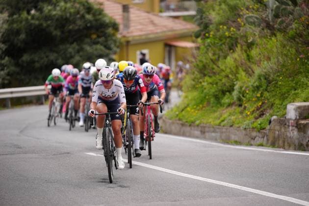 The pack rides cycles during the women™s elite race of the Sanremo Women, one day cycling race from Genova to Sanremo in 156km - North Italy- Saturday, March 22, 2025. - cycling .  Copyright: xMarcoxAlpozzi LaPressex