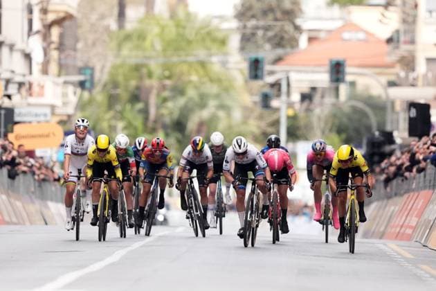 WIEBES Lorena Team TEAM SD WORX - PROTIME celebrates as he cycles to the finish line to win the women™s elite race of the Sanremo Women, one day cycling race from Genova to Sanremo in 156km - North Italy- Saturday, March 22, 2025. - cycling .  Copyright: xMassimoxPaolone LaPressex